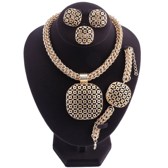 Gold/Silver-Plated Square Pendant Necklace, Bracelet, Earrings & Ring Wedding Jewelry Set-Jewelry Sets-Innovato Design-Gold-Innovato Design