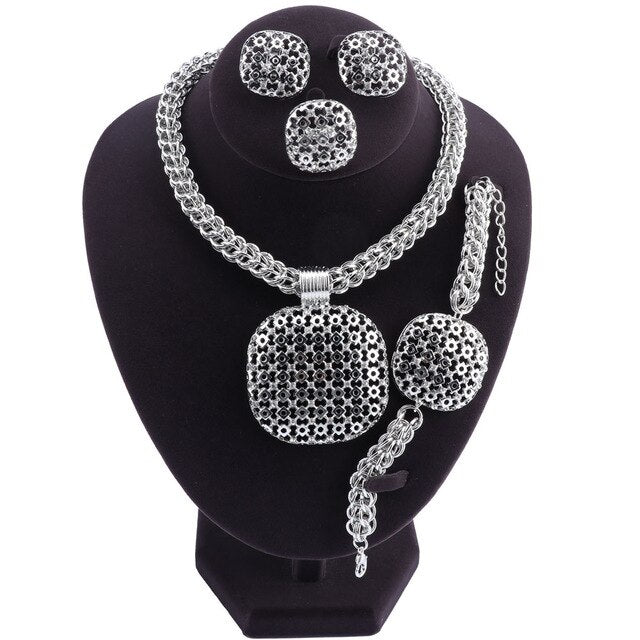 Gold/Silver-Plated Square Pendant Necklace, Bracelet, Earrings & Ring Wedding Jewelry Set-Jewelry Sets-Innovato Design-Silver-Innovato Design