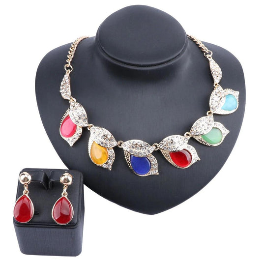 Cat's Eye and Crystal Leaves Necklace & Earrings Wedding Jewelry Set-Jewelry Sets-Innovato Design-Gold-Innovato Design