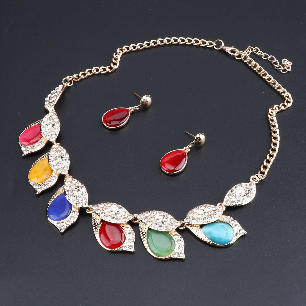 Cat's Eye and Crystal Leaves Necklace & Earrings Wedding Jewelry Set-Jewelry Sets-Innovato Design-Gold-Innovato Design