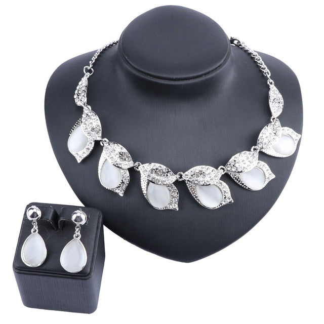 Cat's Eye and Crystal Leaves Necklace & Earrings Wedding Jewelry Set-Jewelry Sets-Innovato Design-Silver-Innovato Design