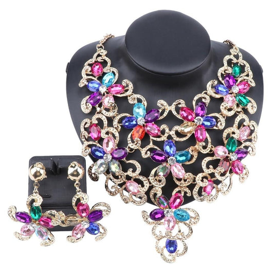 Gold-Plated Crystal Flower Necklace & Earrings Wedding Jewelry Set-Jewelry Sets-Innovato Design-Black-Innovato Design