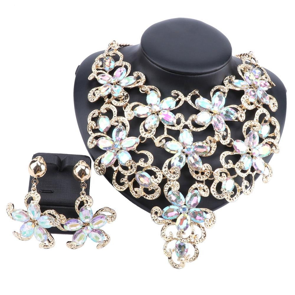 Gold-Plated Crystal Flower Necklace & Earrings Wedding Jewelry Set-Jewelry Sets-Innovato Design-White-Innovato Design