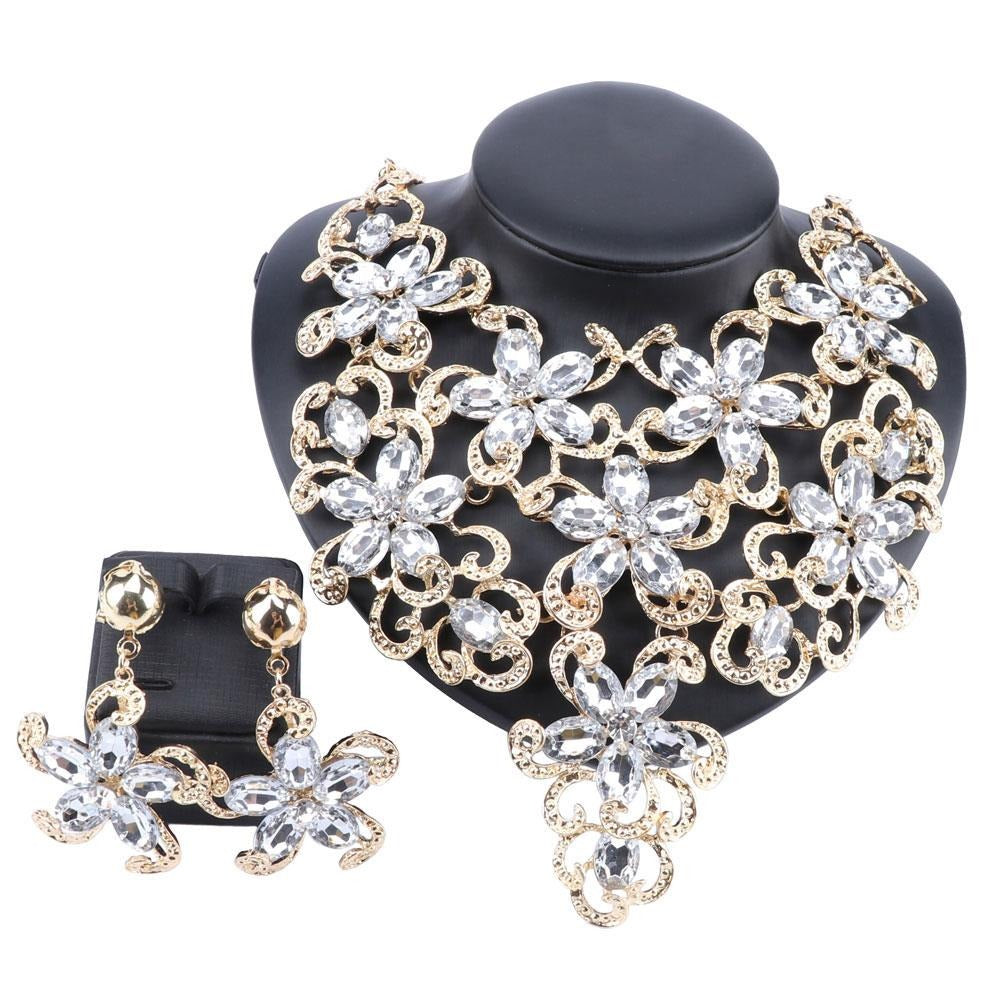 Gold-Plated Crystal Flower Necklace & Earrings Wedding Jewelry Set-Jewelry Sets-Innovato Design-Black-Innovato Design