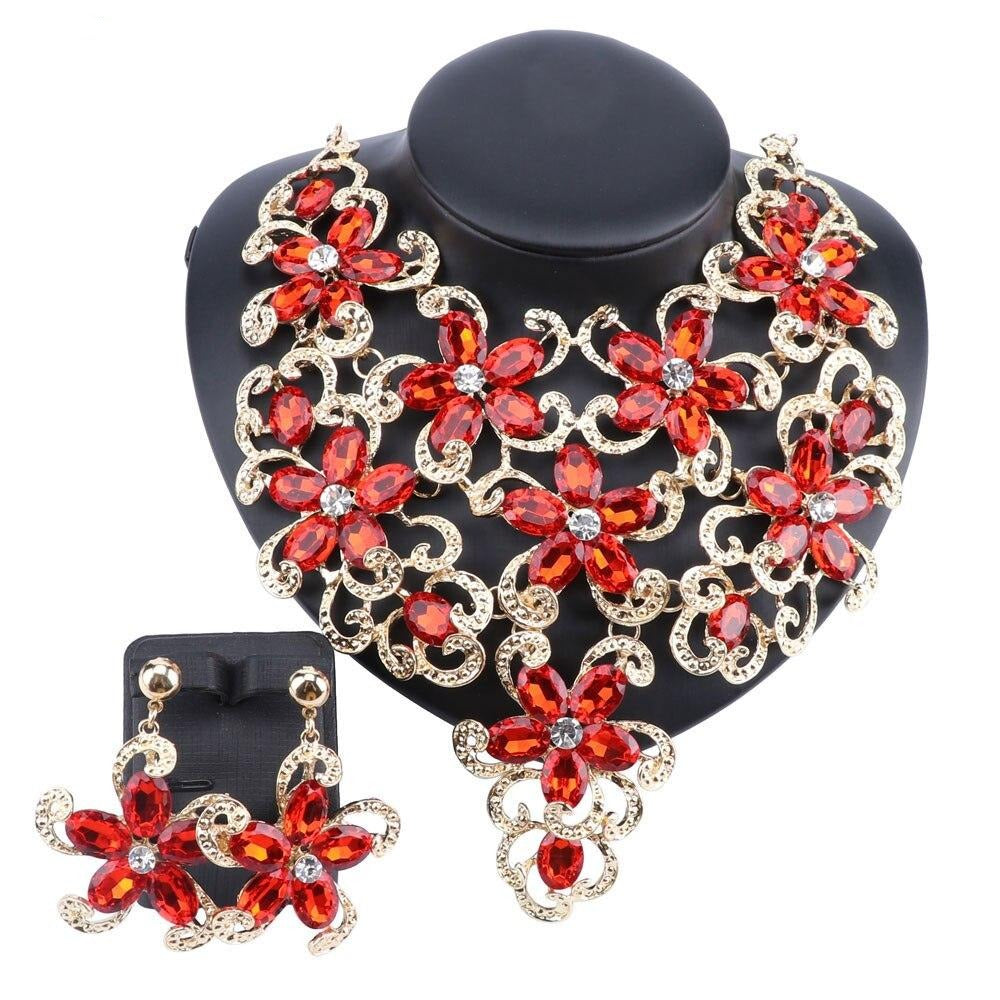Gold-Plated Crystal Flower Necklace & Earrings Wedding Jewelry Set-Jewelry Sets-Innovato Design-Red-Innovato Design