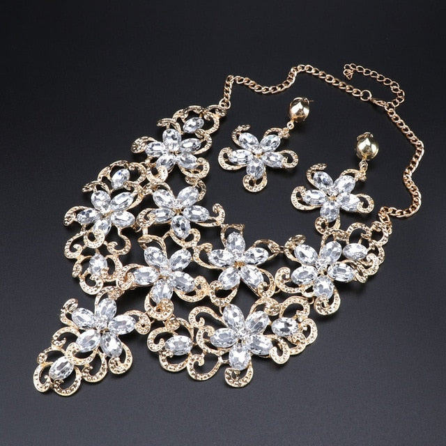 Gold-Plated Crystal Flower Necklace & Earrings Wedding Jewelry Set-Jewelry Sets-Innovato Design-Black-Innovato Design