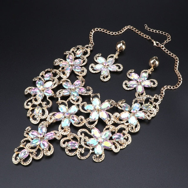 Gold-Plated Crystal Flower Necklace & Earrings Wedding Jewelry Set-Jewelry Sets-Innovato Design-Black-Innovato Design