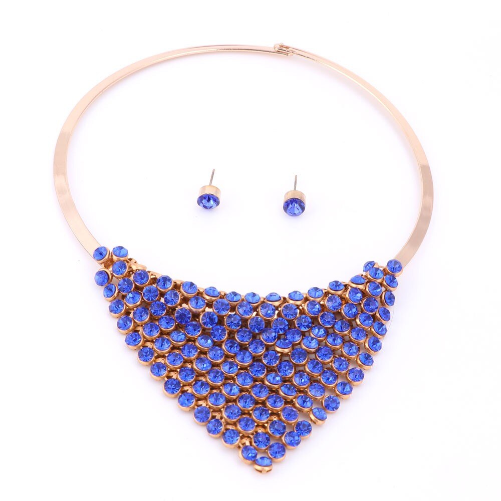 Gold-Plated Austrian Crystal Necklace & Earrings Wedding Statement Jewelry Set-Jewelry Sets-Innovato Design-Blue 1-Innovato Design