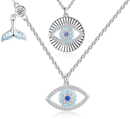 Lucky Blue Evil Eye and Fishtail 925 Sterling Silver Pendant Necklace-Necklaces-Innovato Design-Blue Eye-18 Inch-Innovato Design