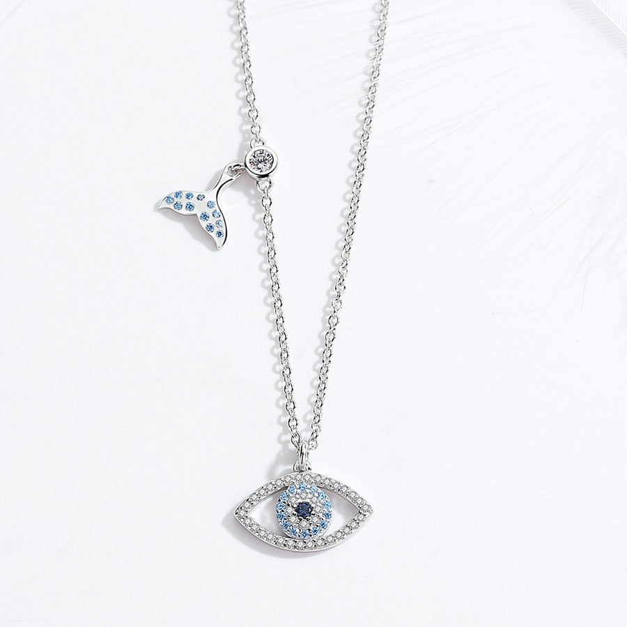 Lucky Blue Evil Eye and Fishtail 925 Sterling Silver Pendant Necklace-Necklaces-Innovato Design-Blue Eye-18 Inch-Innovato Design