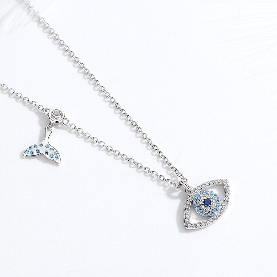 Lucky Blue Evil Eye and Fishtail 925 Sterling Silver Pendant Necklace-Necklaces-Innovato Design-Blue Eye-18 Inch-Innovato Design