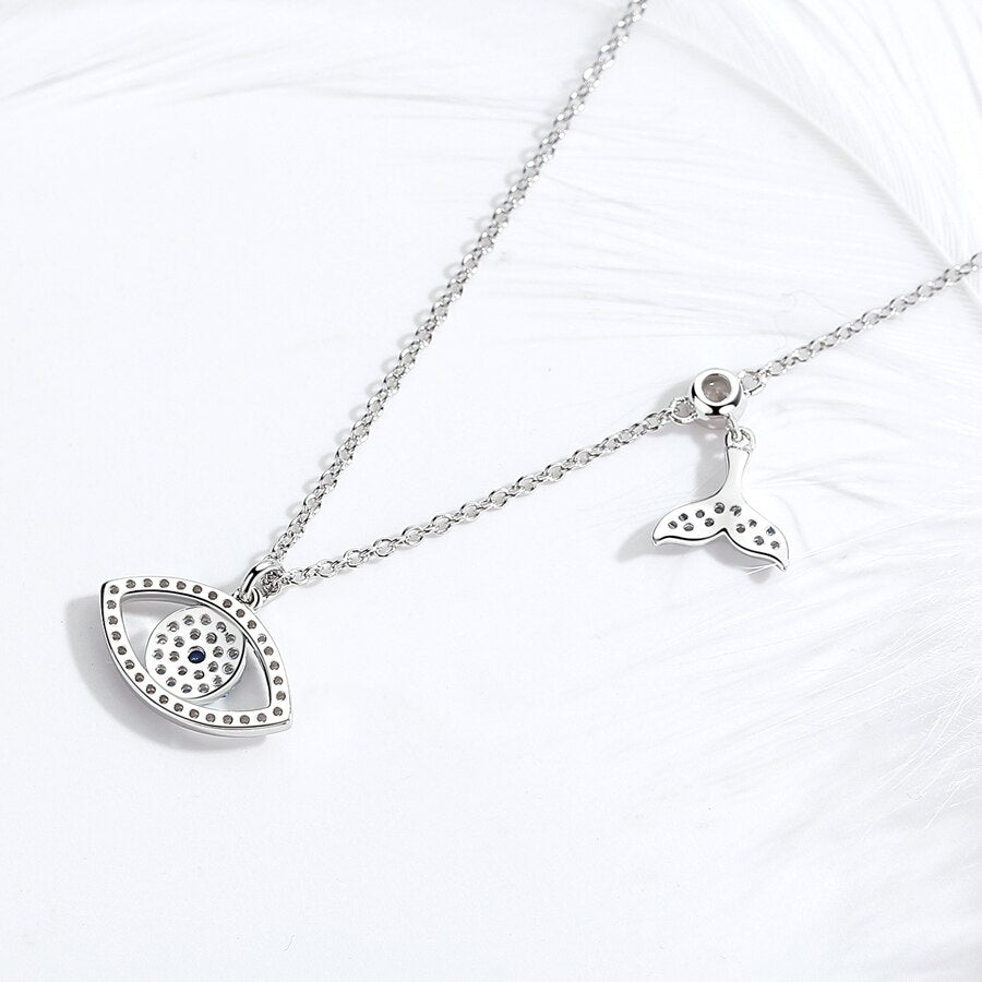 Lucky Blue Evil Eye and Fishtail 925 Sterling Silver Pendant Necklace-Necklaces-Innovato Design-Blue Eye-18 Inch-Innovato Design
