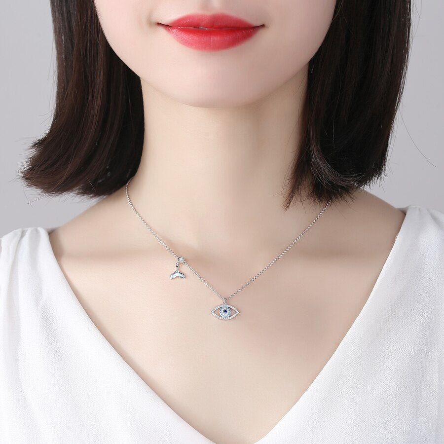 Lucky Blue Evil Eye and Fishtail 925 Sterling Silver Pendant Necklace-Necklaces-Innovato Design-Blue Eye-18 Inch-Innovato Design