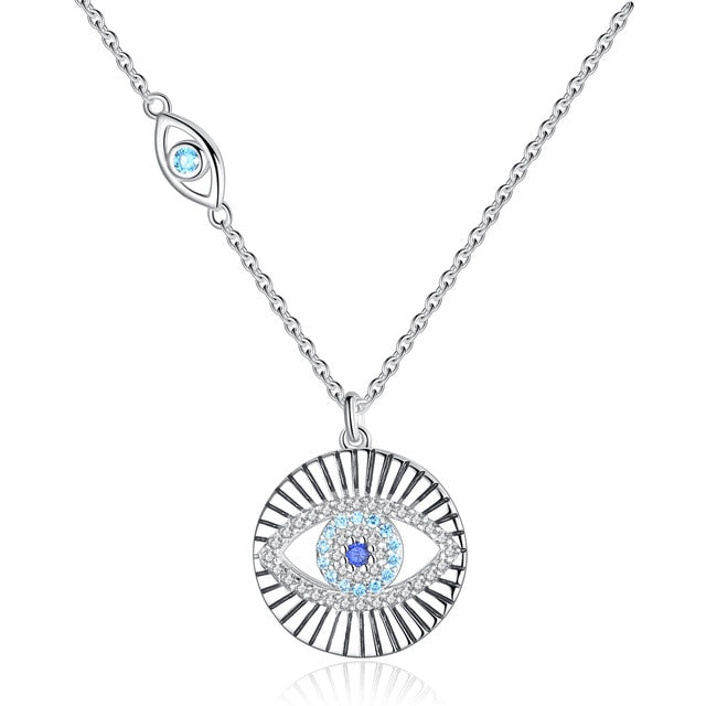 Lucky Blue Evil Eye and Fishtail 925 Sterling Silver Pendant Necklace-Necklaces-Innovato Design-Blue Eye-18 Inch-Innovato Design