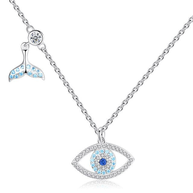 Lucky Blue Evil Eye and Fishtail 925 Sterling Silver Pendant Necklace-Necklaces-Innovato Design-Blue Combo-18 Inch-Innovato Design