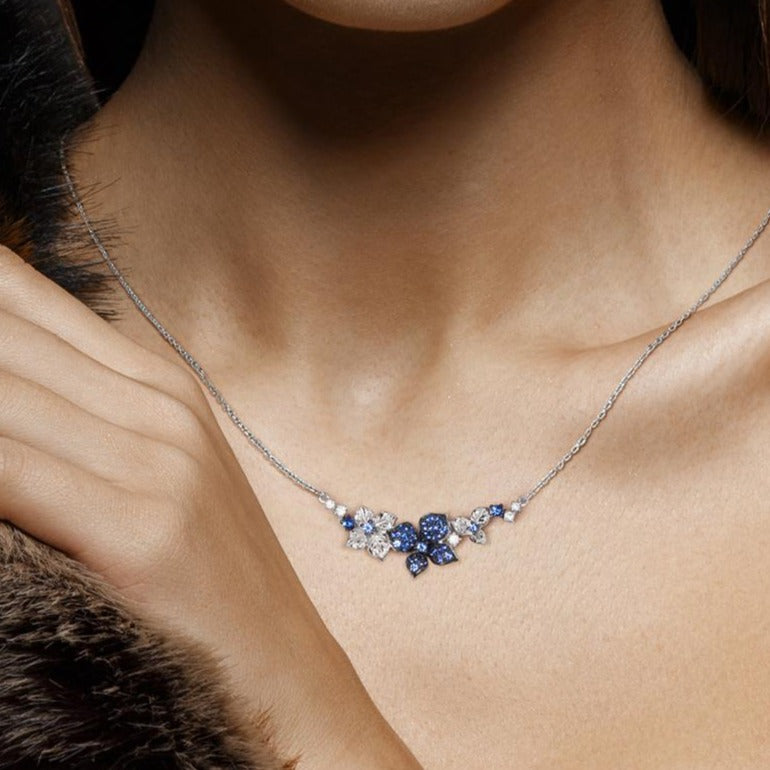 Blue and White Cubic Zirconia Flowers 925 Sterling Silver Fashion Pendant Necklace-Necklaces-Innovato Design-Innovato Design