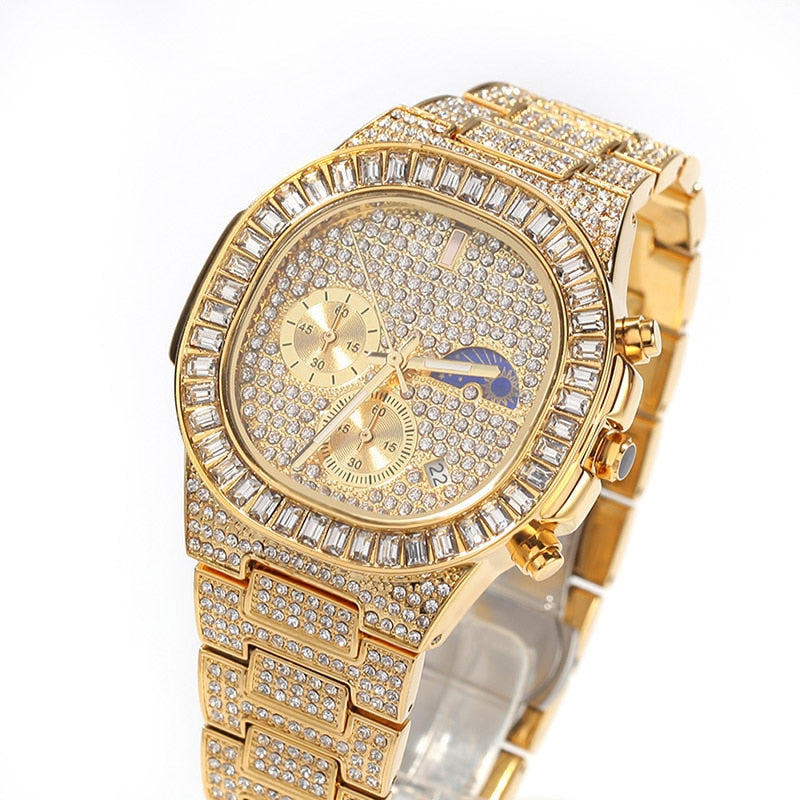 Waterproof Cubic-Zirconia-Studded with Date Display Stainless Steel Band Fashion Hip-hop Quartz Watch-Watches-Innovato Design-Gold-Innovato Design