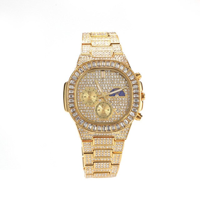 Waterproof Cubic-Zirconia-Studded with Date Display Stainless Steel Band Fashion Hip-hop Quartz Watch-Watches-Innovato Design-Gold-Innovato Design