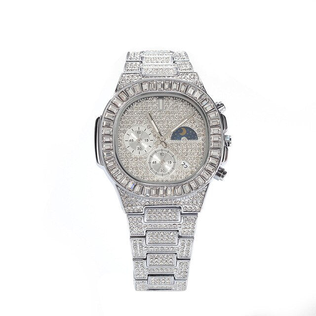 Waterproof Cubic-Zirconia-Studded with Date Display Stainless Steel Band Fashion Hip-hop Quartz Watch-Watches-Innovato Design-Silver-Innovato Design