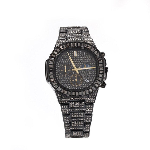 Waterproof Cubic-Zirconia-Studded with Date Display Stainless Steel Band Fashion Hip-hop Quartz Watch-Watches-Innovato Design-Black-Innovato Design