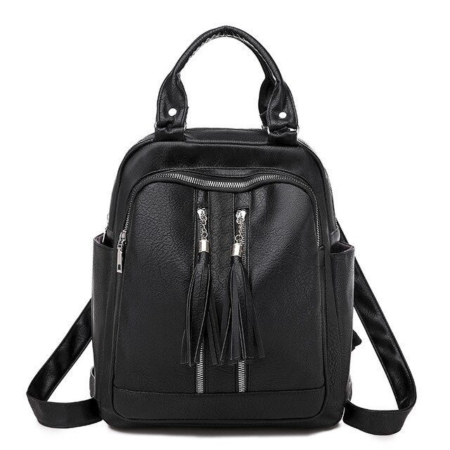 Tassel Leather Shoulder Bag and School Backpack-Backpacks-Innovato Design-Black-Innovato Design