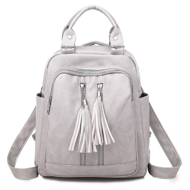 Tassel Leather Shoulder Bag and School Backpack-Backpacks-Innovato Design-Light Gray-Innovato Design