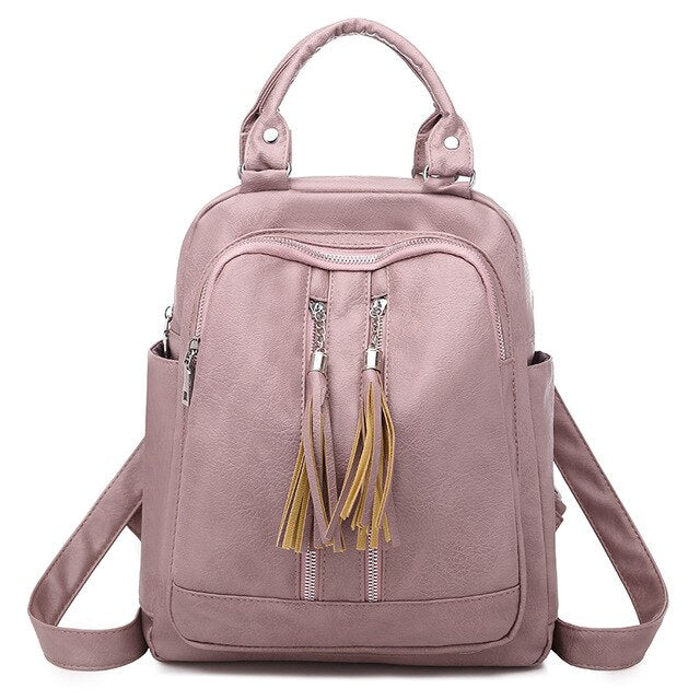 Tassel Leather Shoulder Bag and School Backpack-Backpacks-Innovato Design-Pink-Innovato Design