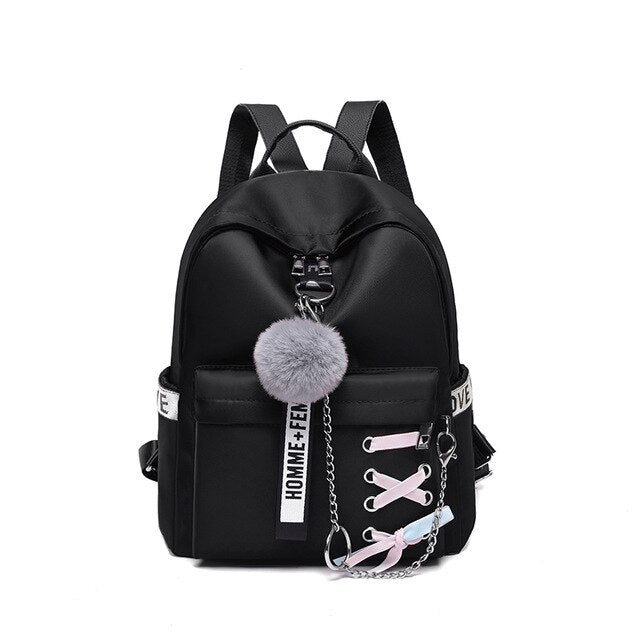 Large Capacity Casual Waterproof Shoe Lace, Chain and Hairball Oxford School Bag and Travel Backpack, Black