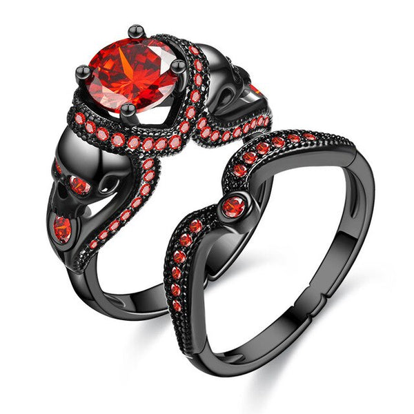Skull and Cubic Zirconia Punk Style Double Engagement Ring-Rings-Innovato Design-6-Red-Innovato Design