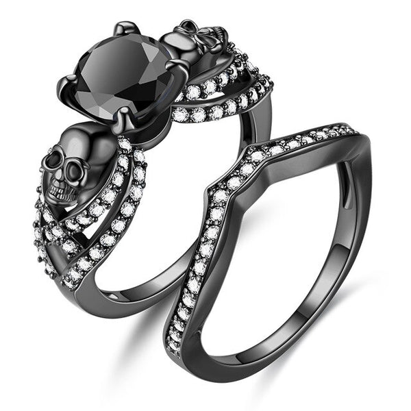 Skull and Cubic Zirconia Punk Double Ring