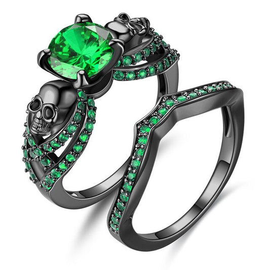 Skull and Cubic Zirconia Punk Double Ring-Rings-Innovato Design-10-Green-Innovato Design