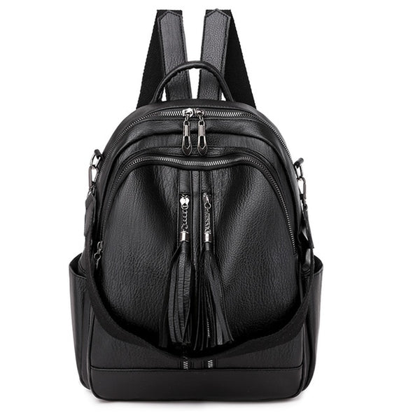 Tassel Leather Shoulder Bag and Backpack-Backpacks-Innovato Design-Black-Innovato Design