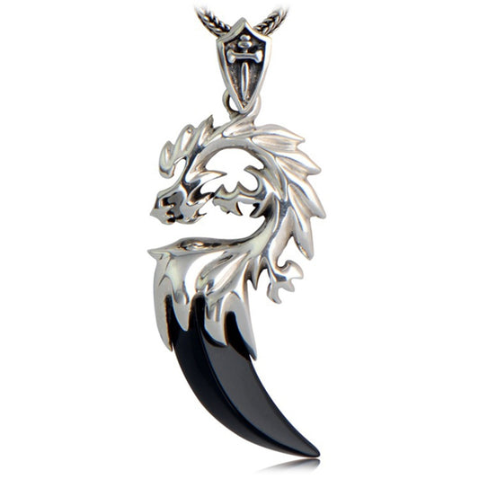Dragon and Tooth-Shaped Natural Black Onyx Stone 925 Sterling Silver Vintage Pendant-Necklaces-Innovato Design-Innovato Design