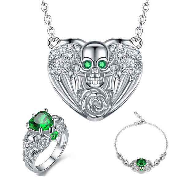 Punk Skull and Crystal Angel Heart Necklace, Bracelet & Ring Wedding Jewelry Set-Jewelry Sets-Innovato Design-Green-10-Innovato Design