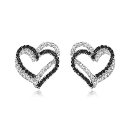 Cubic Zirconia Black and White Hearts 925 Sterling Silver Stud Earrings-Earrings-Innovato Design-Innovato Design