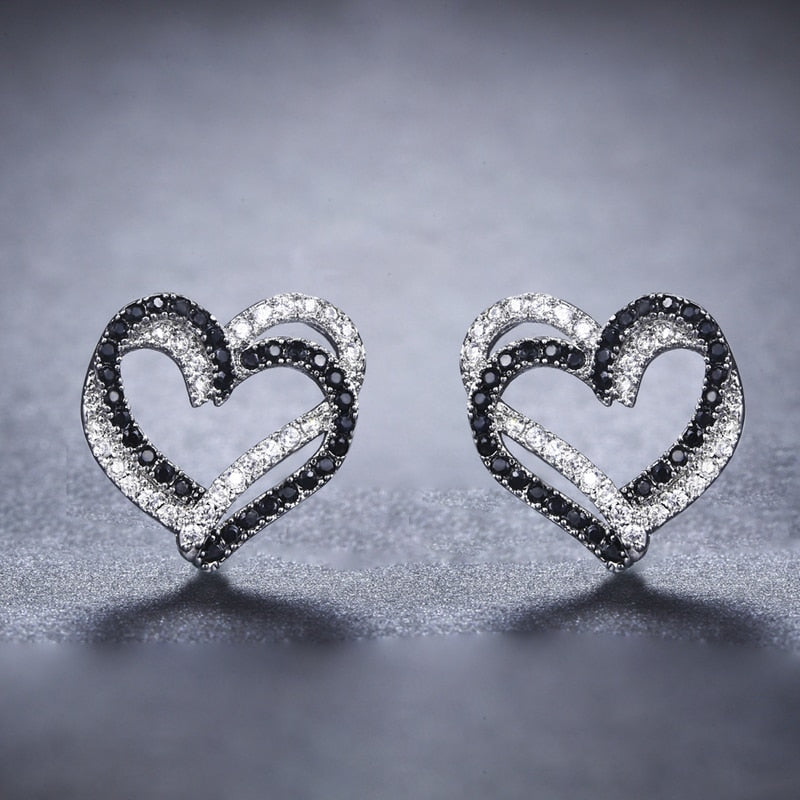 Cubic Zirconia Black and White Hearts 925 Sterling Silver Stud Earrings-Earrings-Innovato Design-Innovato Design