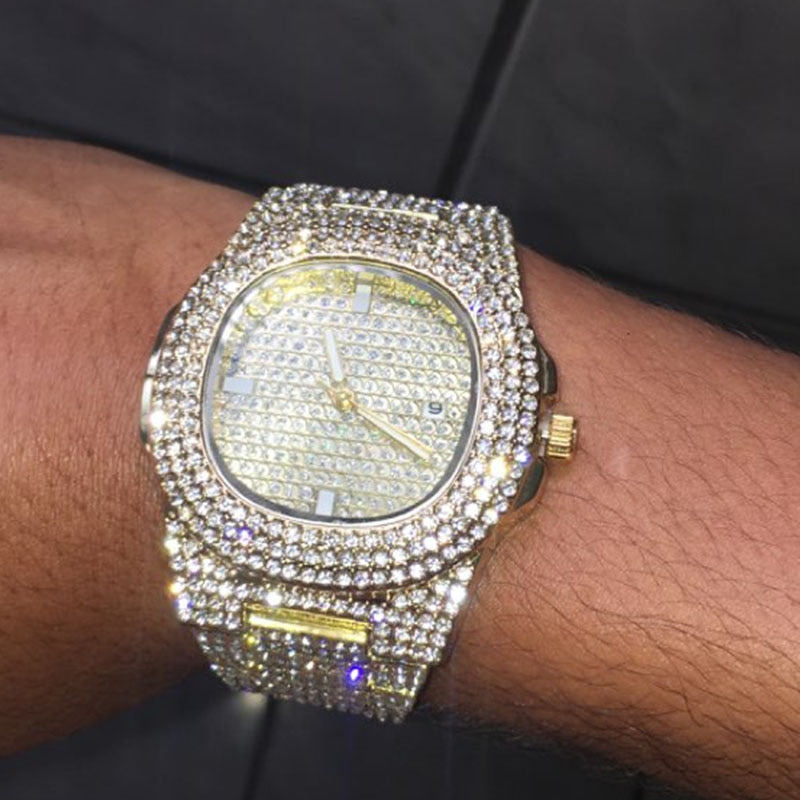 Rhinestone and Cubic Zirconia Studded Cuban Chain Link Necklace, Bracelet, and Watch Jewelry Set-Necklaces-Innovato Design-Silver-Innovato Design