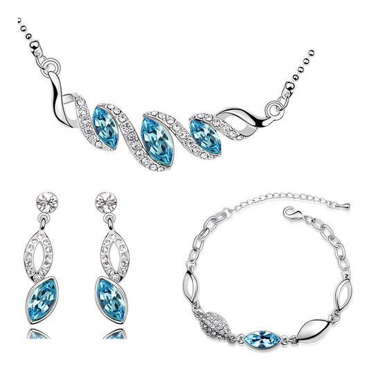 Leaf Crystal Necklace, Bracelet & Earrings Fashion Jewelry Set-Jewelry Sets-Innovato Design-Ocean Blue-Innovato Design