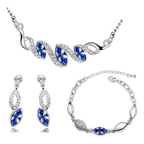 Leaf Crystal Necklace, Bracelet & Earrings Fashion Jewelry Set-Jewelry Sets-Innovato Design-Dark Blue-Innovato Design