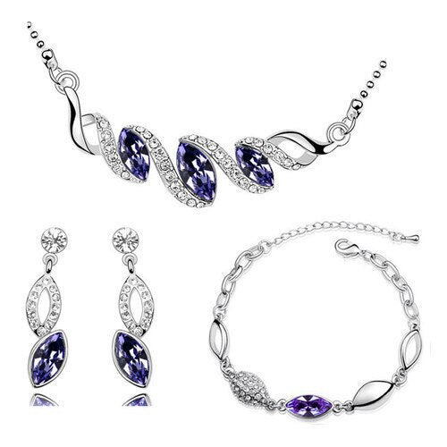 Leaf Crystal Necklace, Bracelet & Earrings Fashion Jewelry Set-Jewelry Sets-Innovato Design-Purple-Innovato Design