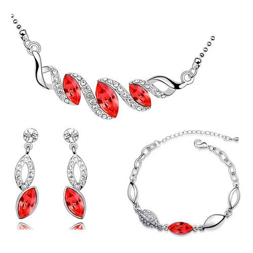 Leaf Crystal Necklace, Bracelet & Earrings Fashion Jewelry Set-Jewelry Sets-Innovato Design-Red-Innovato Design