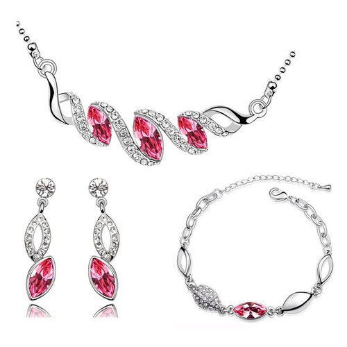 Leaf Crystal Necklace, Bracelet & Earrings Fashion Jewelry Set-Jewelry Sets-Innovato Design-Dark Pink-Innovato Design
