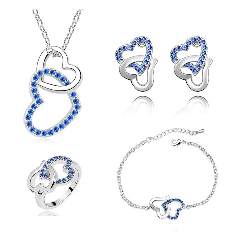 Rhinestone Double Heart Necklace, Bracelet, Earrings & Ring Fashion Jewelry Set-Jewelry Sets-Innovato Design-White-Innovato Design