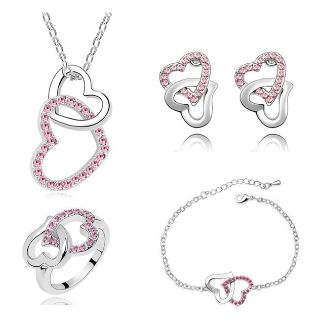 Rhinestone Double Heart Necklace, Bracelet, Earrings & Ring Fashion Jewelry Set-Jewelry Sets-Innovato Design-Pink-Innovato Design