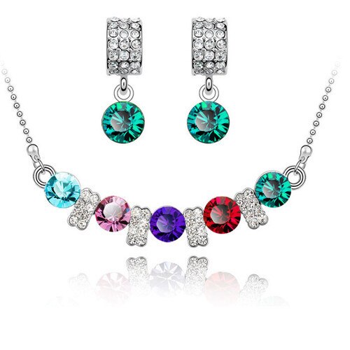 Austrian Crystal and Cubic Zirconia Necklace & Earrings Fashion Jewelry Set-Jewelry Sets-Innovato Design-Rainbow Green-Innovato Design