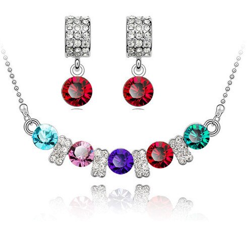 Austrian Crystal and Cubic Zirconia Necklace & Earrings Fashion Jewelry Set-Jewelry Sets-Innovato Design-Rainbow Red-Innovato Design