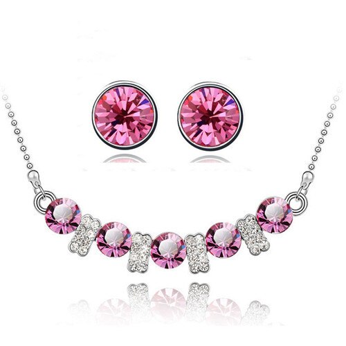 Austrian Crystal and Cubic Zirconia Necklace & Earrings Fashion Jewelry Set-Jewelry Sets-Innovato Design-Dark Pink White-Innovato Design