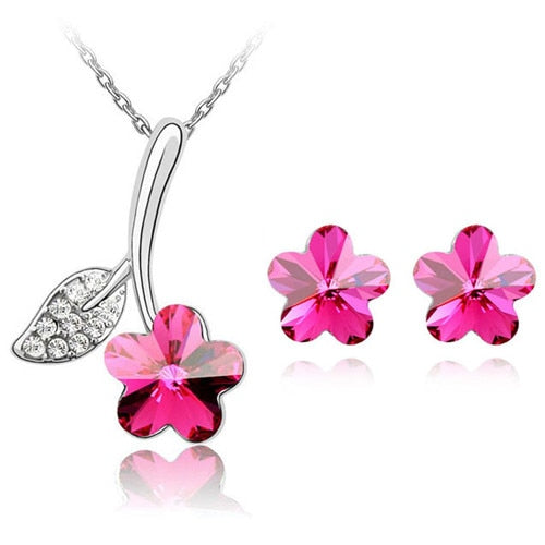 Austrian Crystal Flower Necklace & Earrings Fashion Jewelry Set-Jewelry Sets-Innovato Design-Rose Pink-Innovato Design