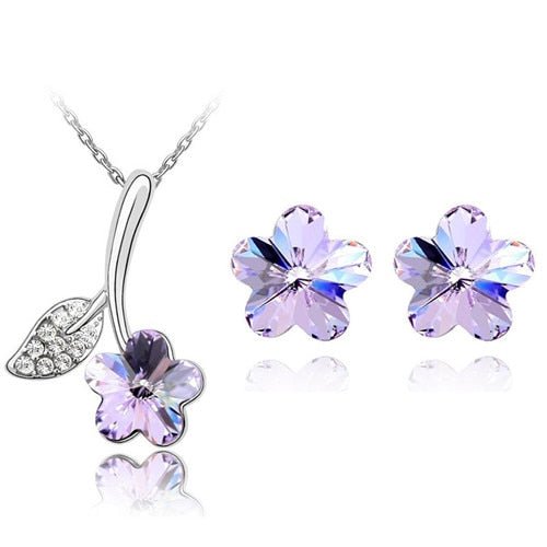 Austrian Crystal Flower Necklace & Earrings Fashion Jewelry Set-Jewelry Sets-Innovato Design-Violet-Innovato Design