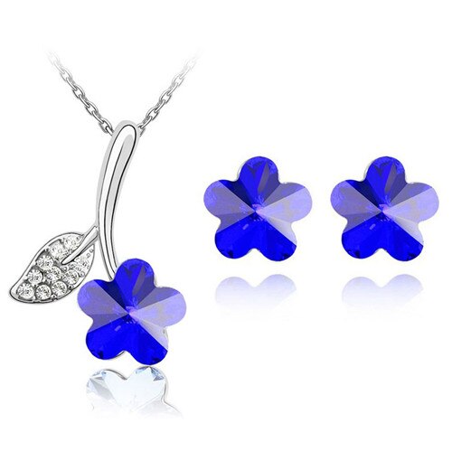 Austrian Crystal Flower Necklace & Earrings Fashion Jewelry Set-Jewelry Sets-Innovato Design-Dark Blue-Innovato Design